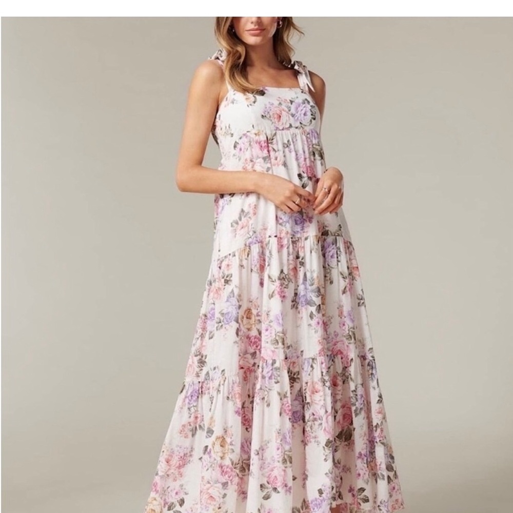 House of Harlow Linen Blend  Maxi Dress Floral Tiered Tie Straps Size L Revolve